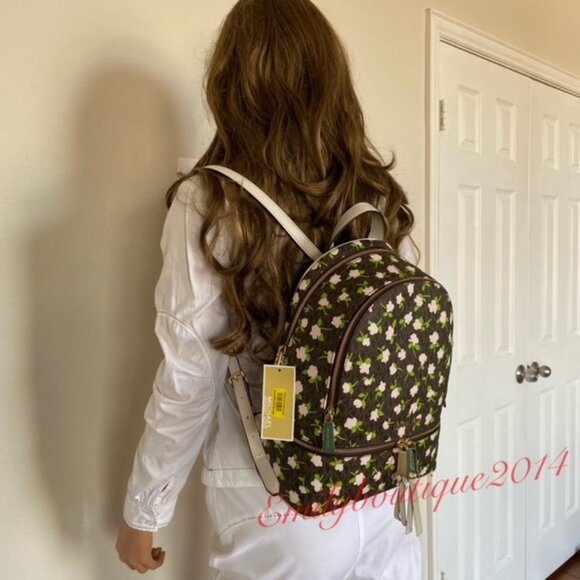 NWT Michael Kors Retail Rhea Zip Signature Rose Flowers Print Bag Backpack